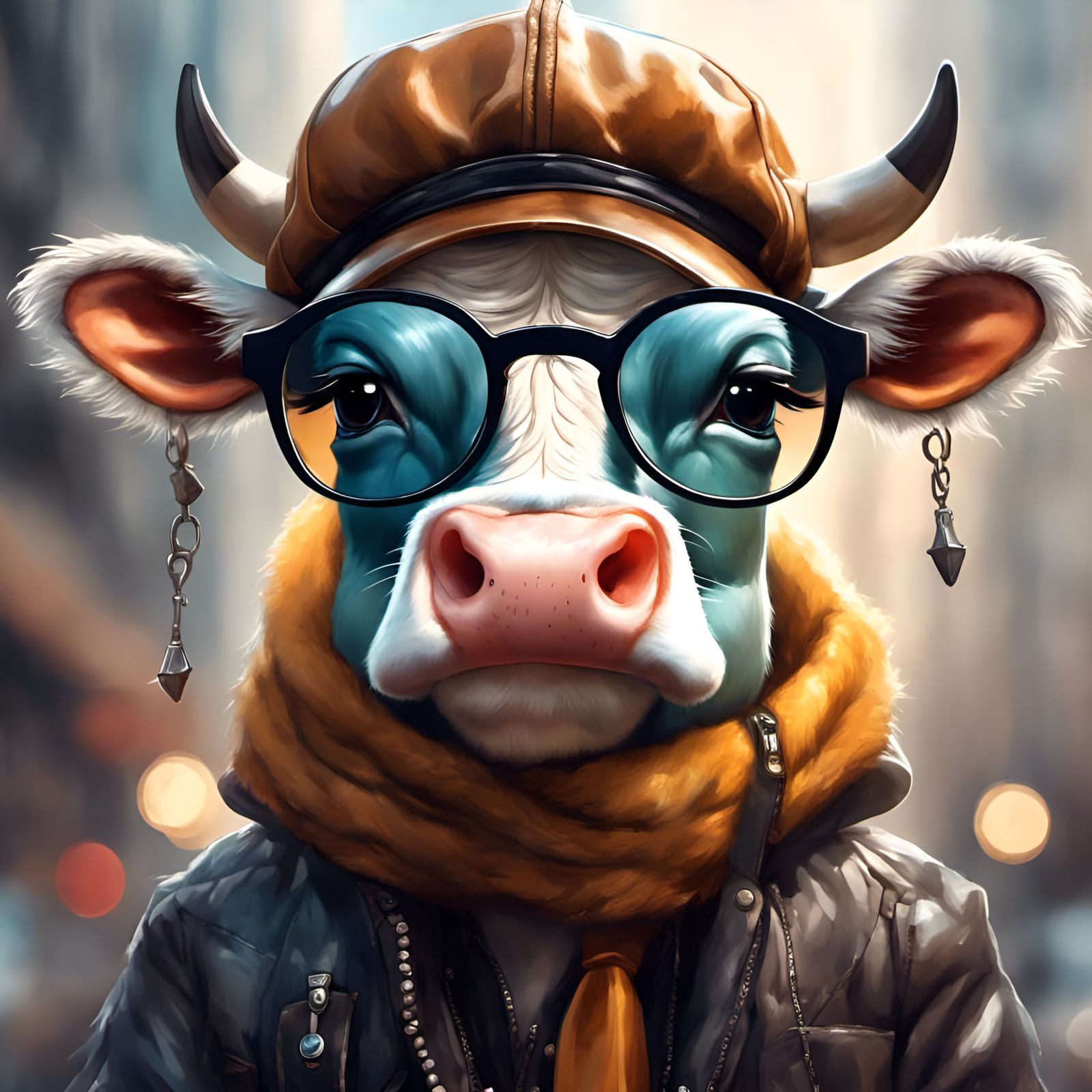 Adorable Cow Portrait with Glasses in 3D