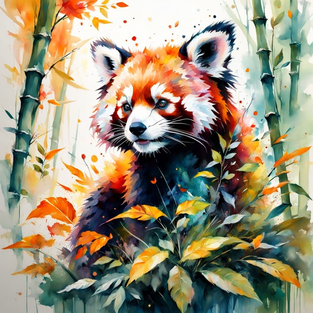 Red Panda in Autumn Bamboo Forest (Watercolor)