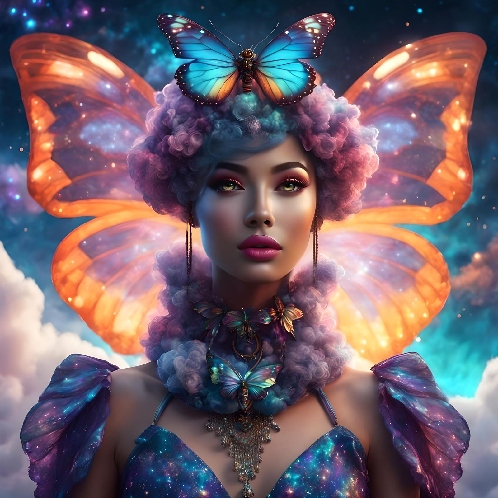 Fantasy Woman with Cosmic Cloud Dress in Surreal Style