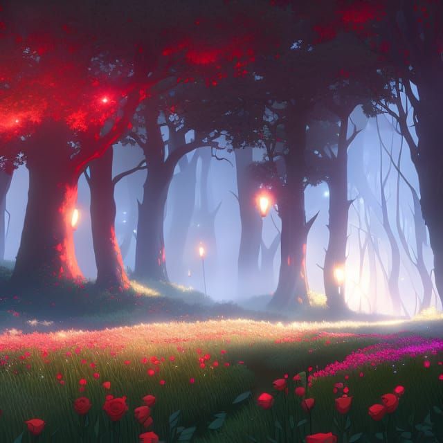Magical Red Roses in Fantasy Forest, 8K