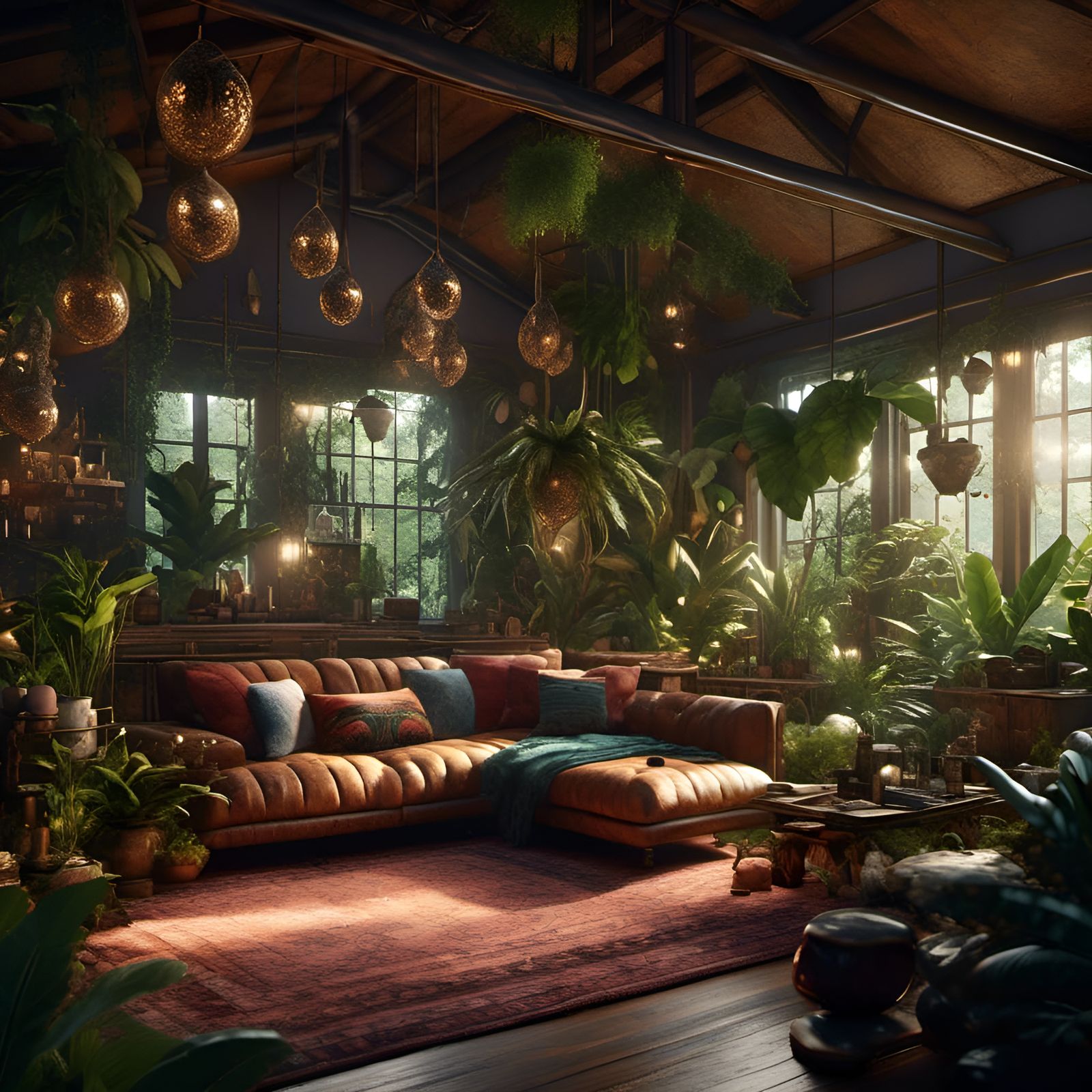 Bohemian Jungle Living Space in 3D Cinematic Style