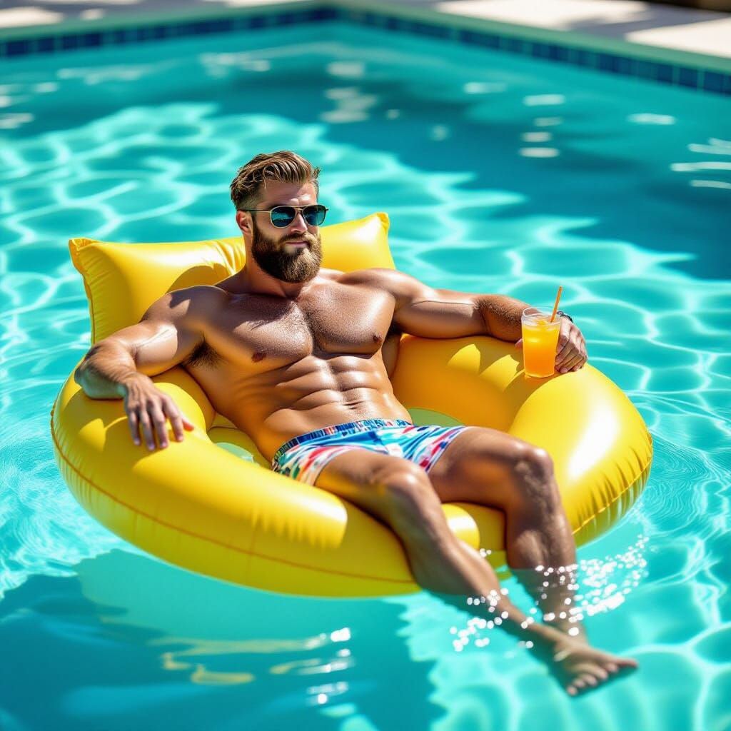 Viking Man Lounging in Pool, Ultra-Realistic Photography