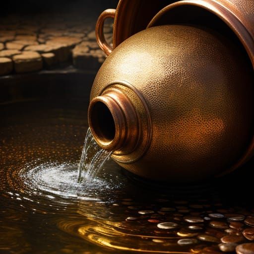 Woman Filling Copper Pot: Hyper-Realistic Digital Art