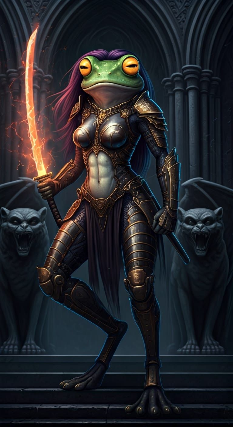 Frog-Woman Warrior in Dystopian Cyberpunk Scene