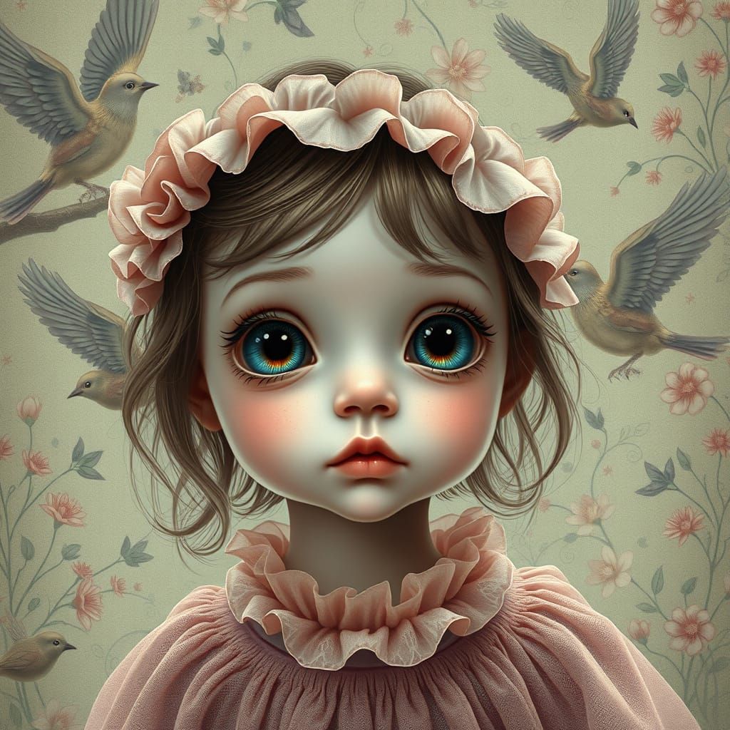 Ethereal Girl in Whimsical Dreamscape with Birds and Flowers