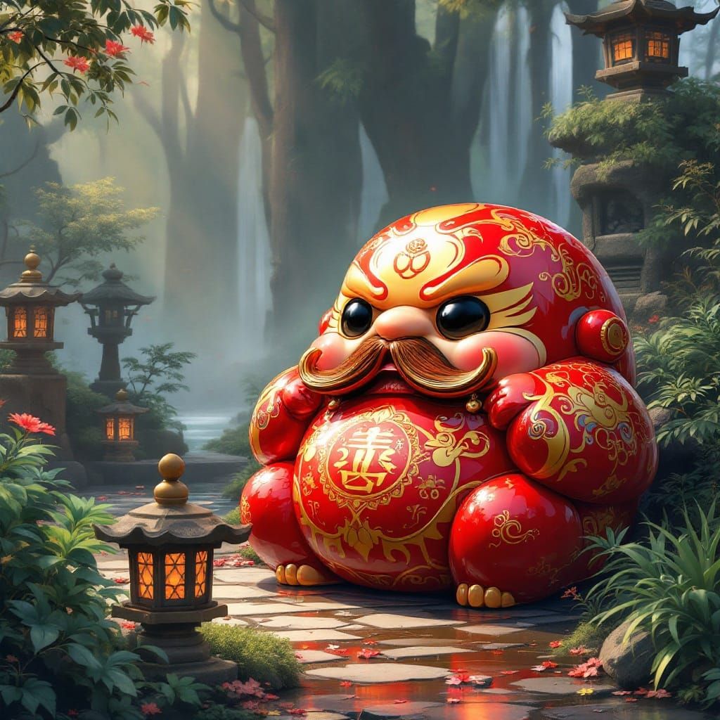 Vibrant Daruma Doll in Futuristic Japanese Garden