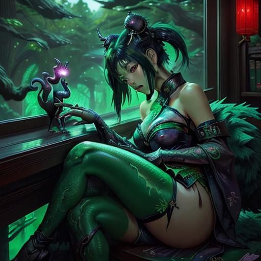 Emerald Dragon Dreaming in Library, Synthwave Forest