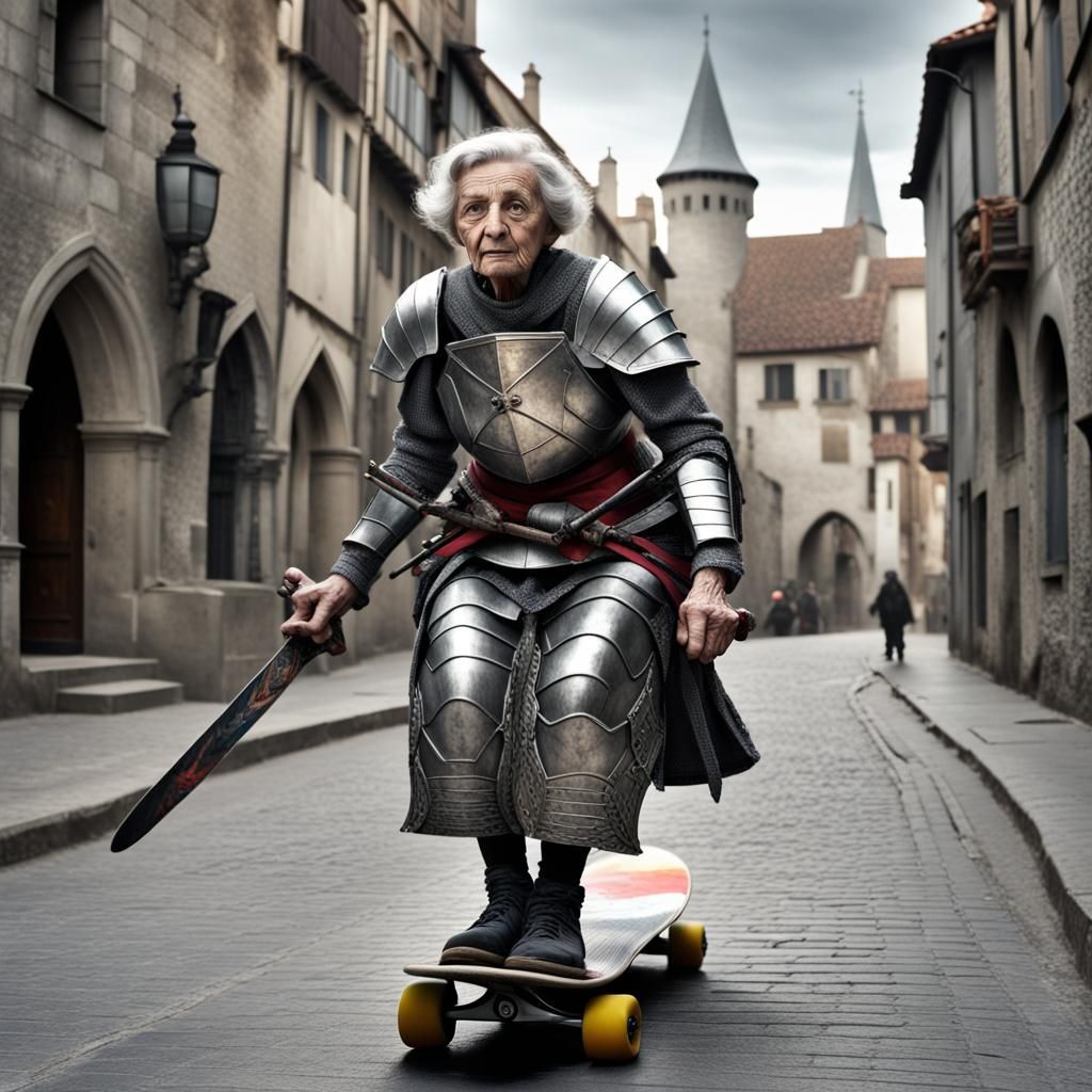 Granny Skateboard Warrior in Medieval City