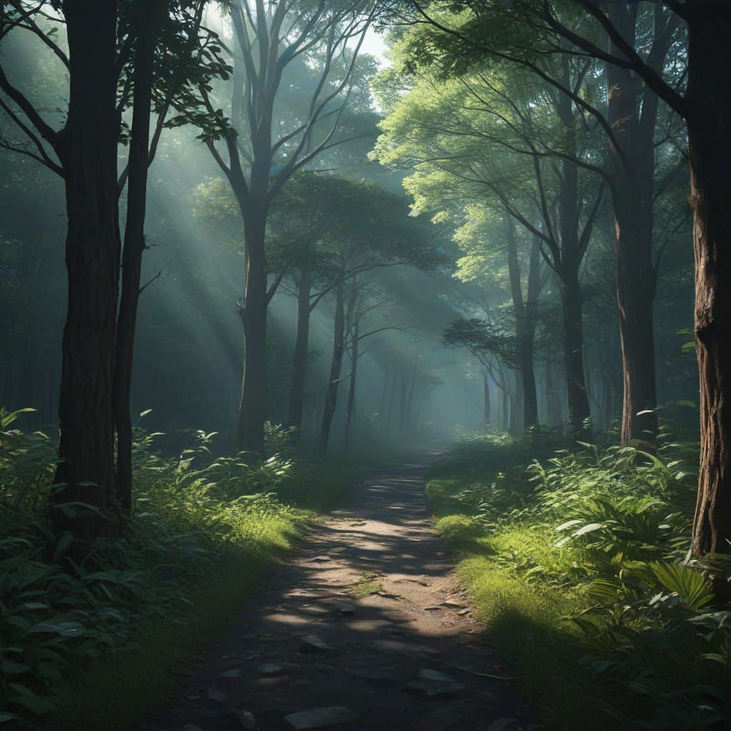 Surreal Morning Woods in Vibrant Anime Style