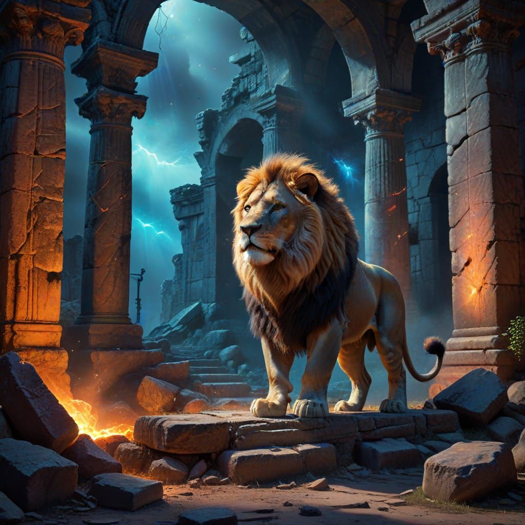 Majestic Lion Prowls Ancient Ruins in Painterly Style