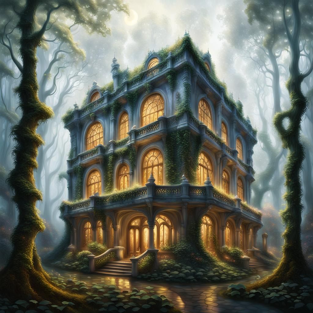 Mystical Forest: Ethereal Modern Building in Dreamy Light