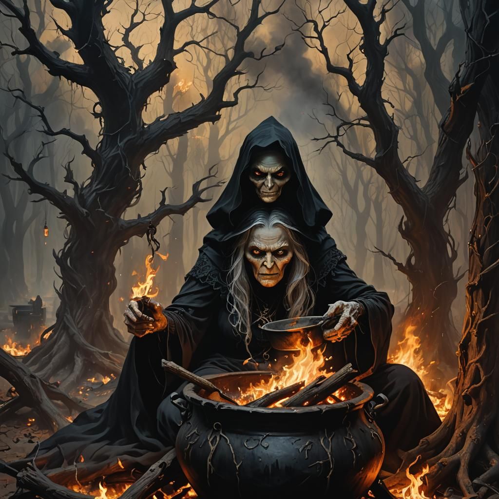 Eerie Witch Casting Spells in Gothic Style