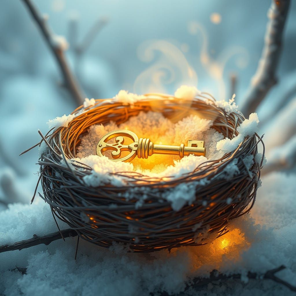 Golden Key in Bird's Nest, Winter Fog, Mystical