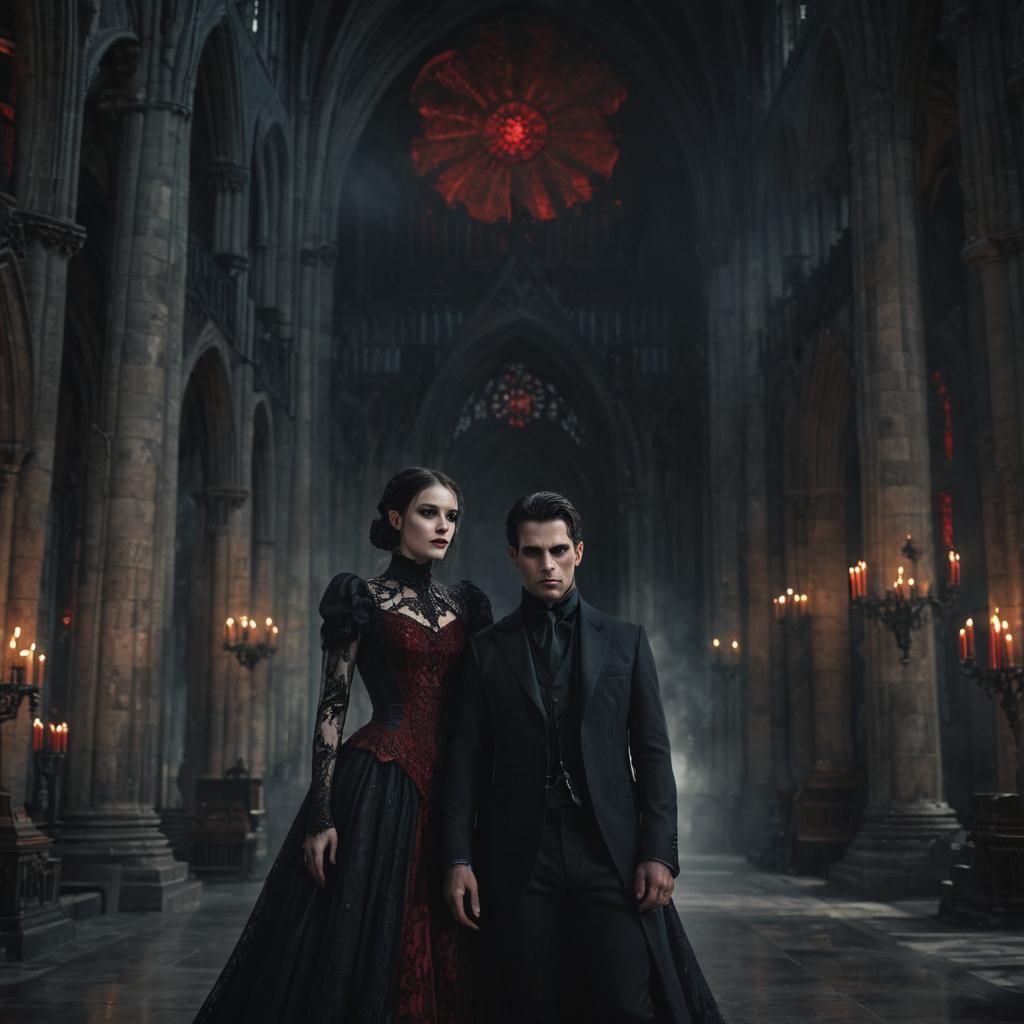 Elegant Vampires in Gothic Cathedral: Matte Painting
