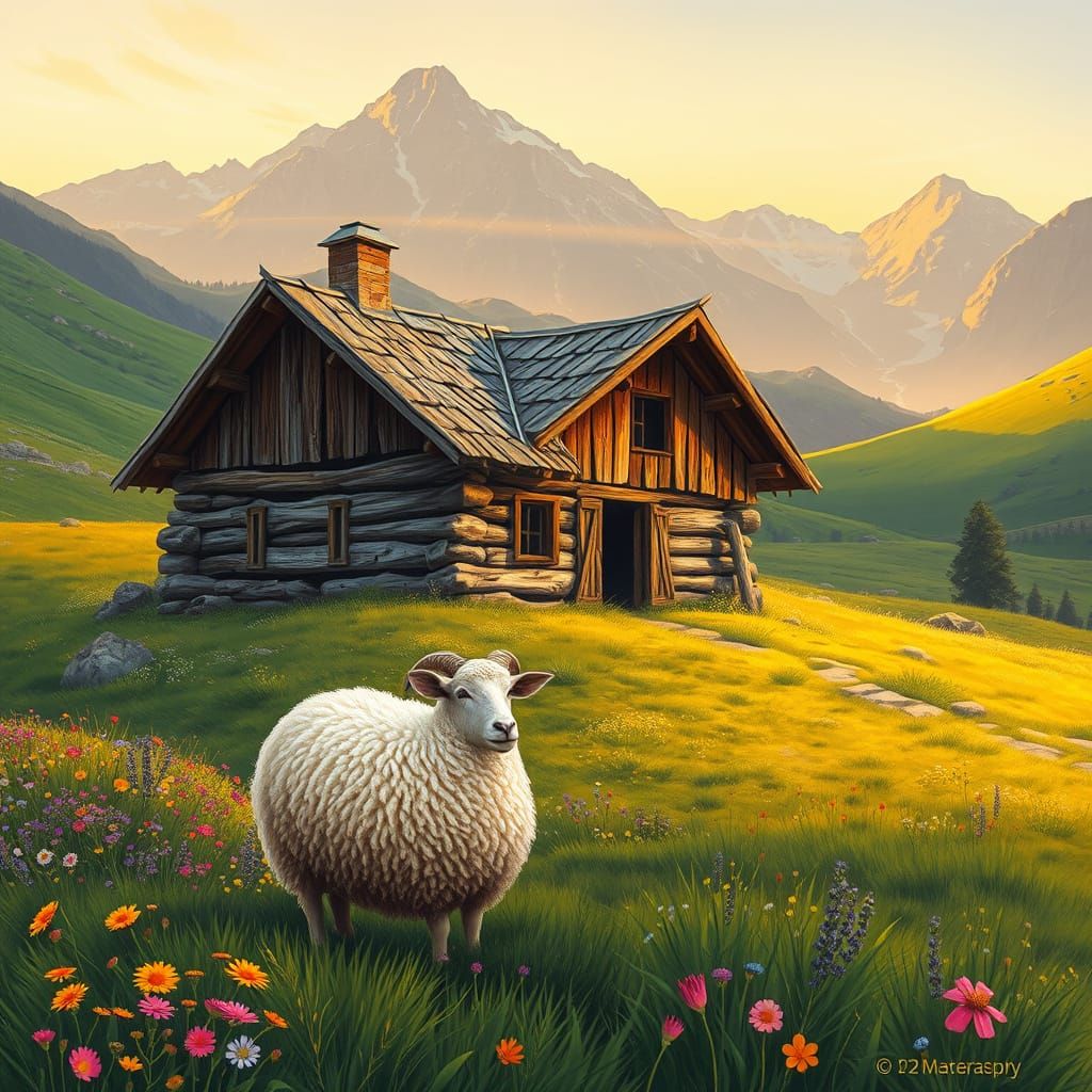 Serene Alpine Hut Scene with Peaceful Sheep
