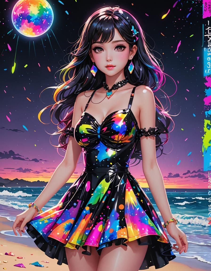 Neon Beach Scene with Holographic Ink Splatters