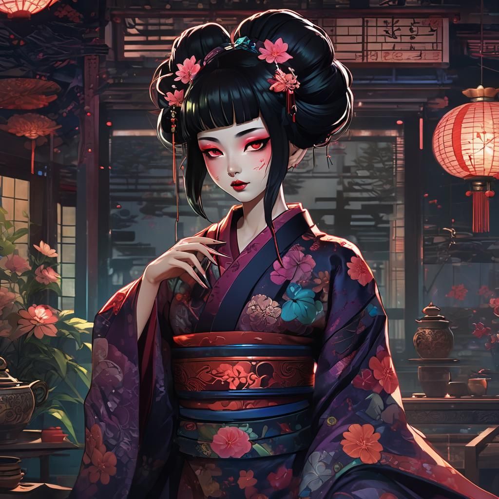 Cyberpunk Geisha in a Teahouse: Vibrant Anime Masterpiece