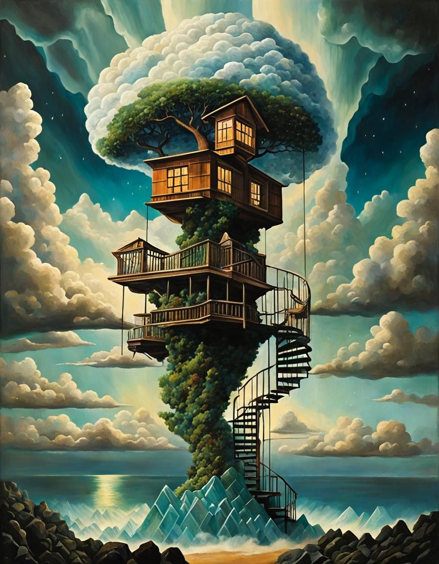 Surreal Stargate Scene with Bonsai and Crystal Treehouse