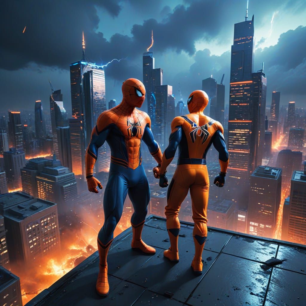 Superhero Showdown in a Vibrant Cityscape