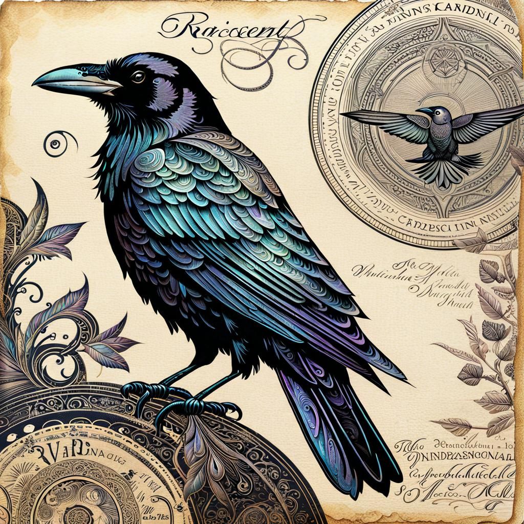 Iridescent Raven Vintage Illustration for Junk Journals
