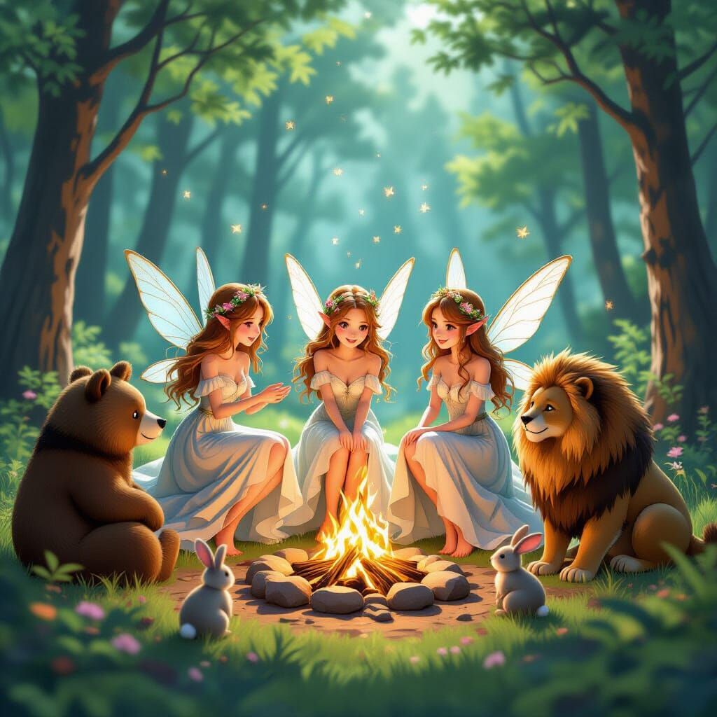 Fairies Dancing Around Campfire in 3D Anime Style
