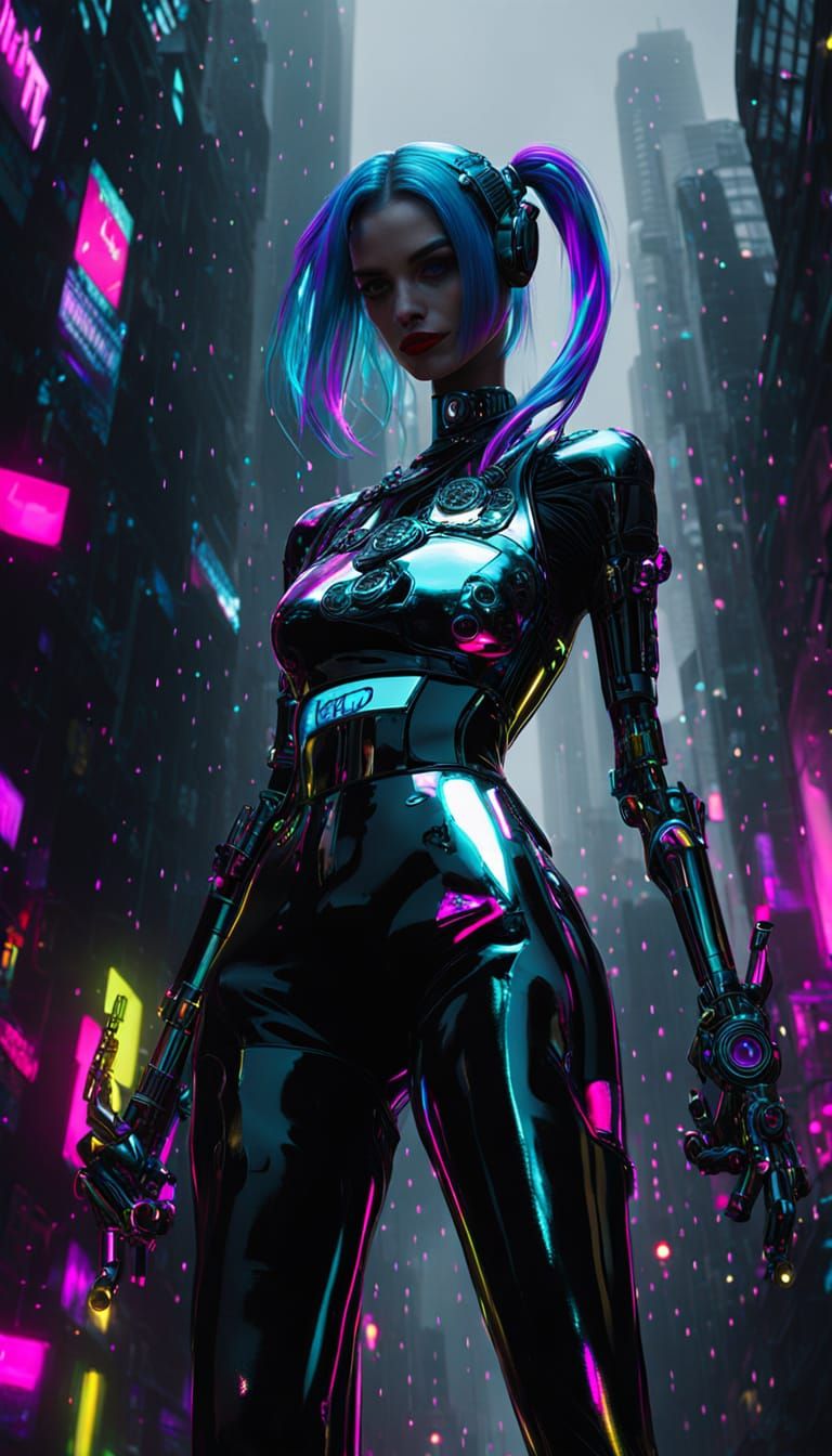Cyberpunk Cyborg Harley Quinn in Neon Alleyway