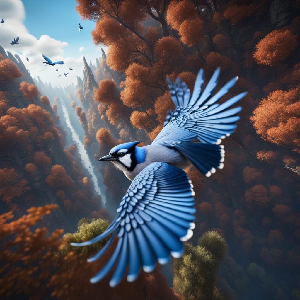 Blue Jay Soaring Over Forest: Fantasy Concept Art
