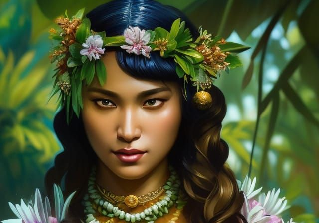 Hi'iaka: Hawaiian Goddess Portrait in Art Nouveau Style
