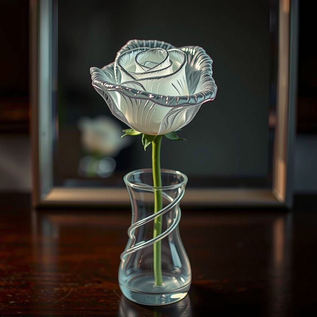 Surreal Crystal Rose in Dark Blue Spiral Vase, Reflected in ...