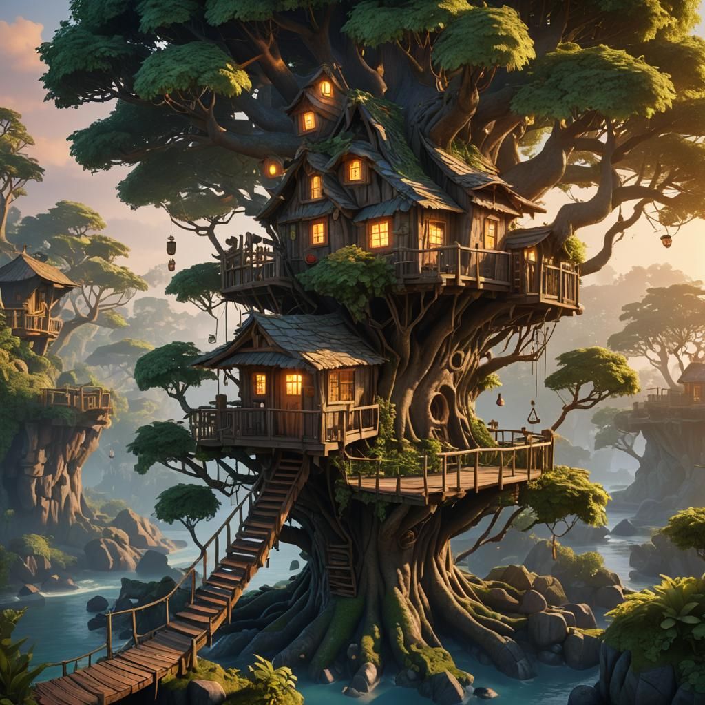 Fantasy Treehouse on Island at Dawn: 3D Render