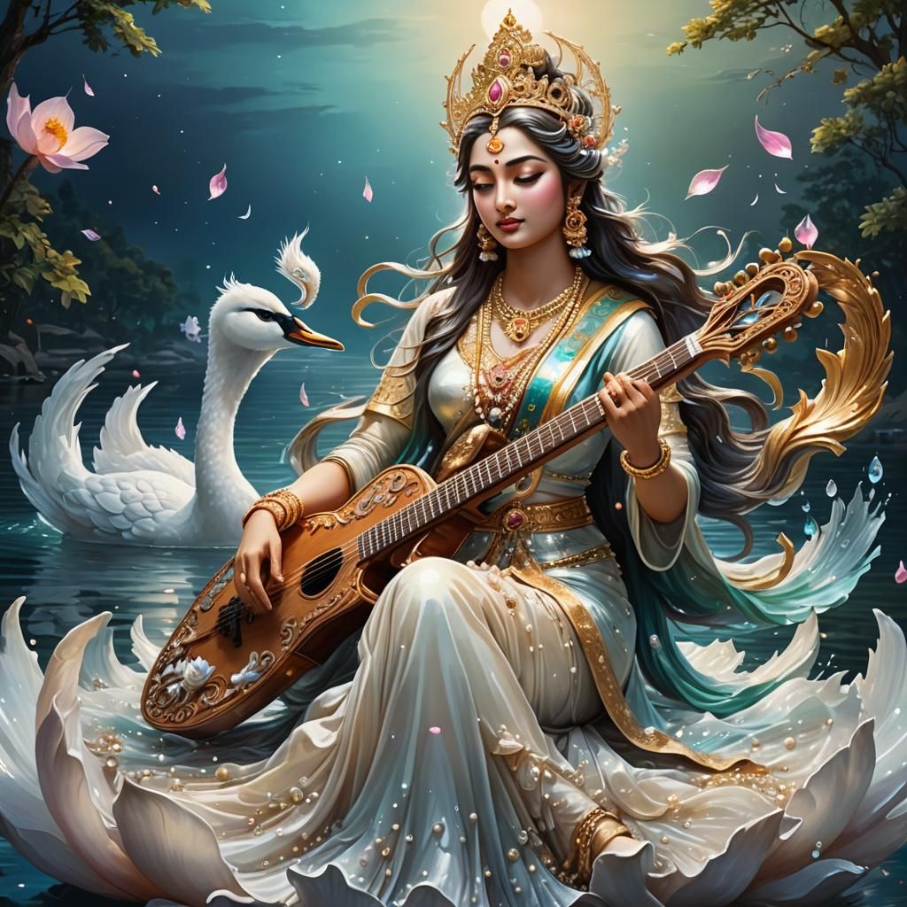 Ethereal Pearl Goddess Saraswati by Lake