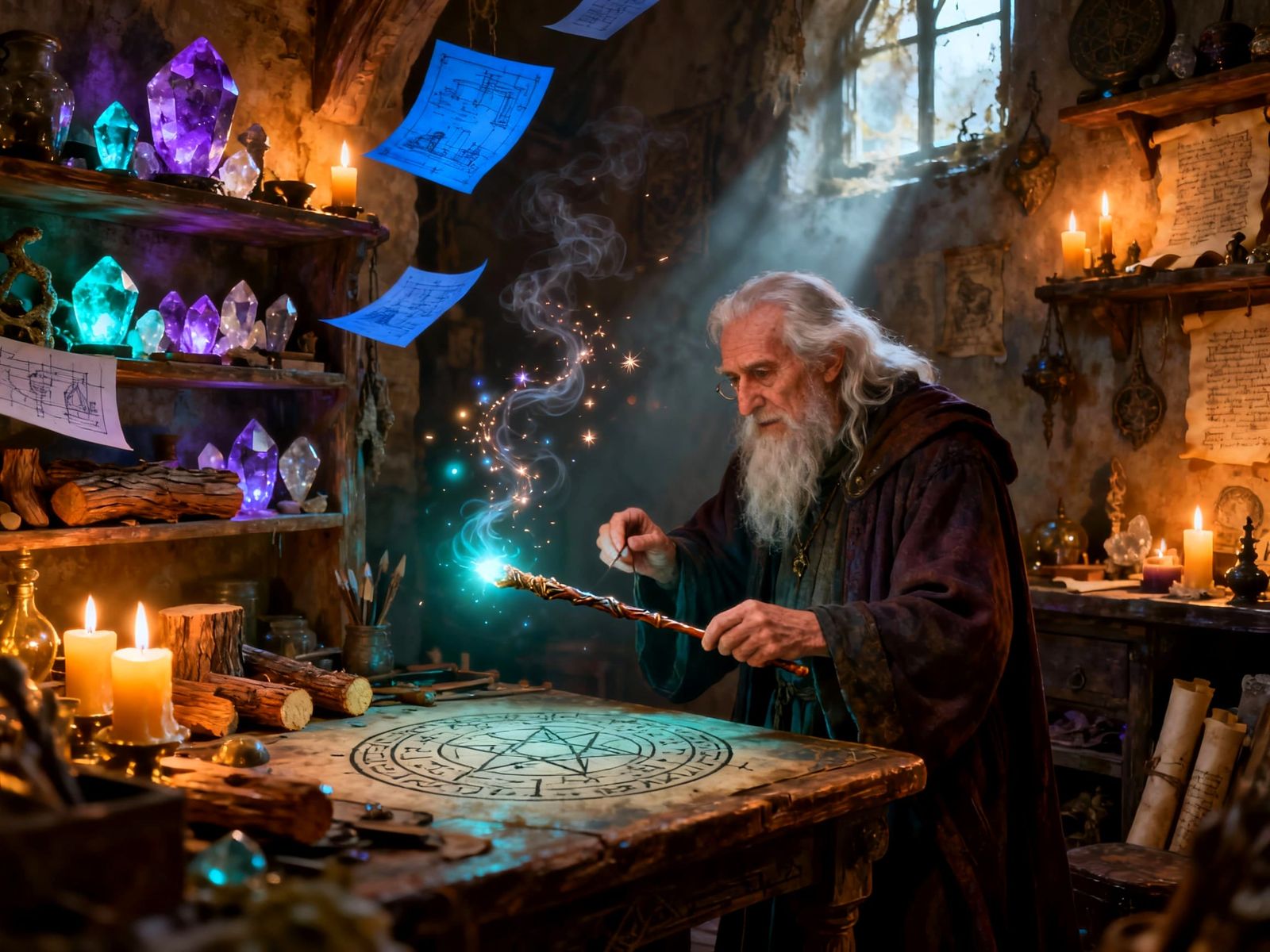 Elderly Wizard Crafts Magical Wand in Cozy Workshop