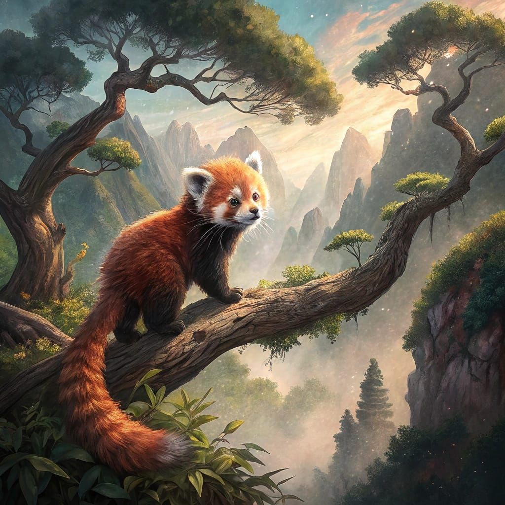Whimsical Red Panda in Mystical Forest Scene