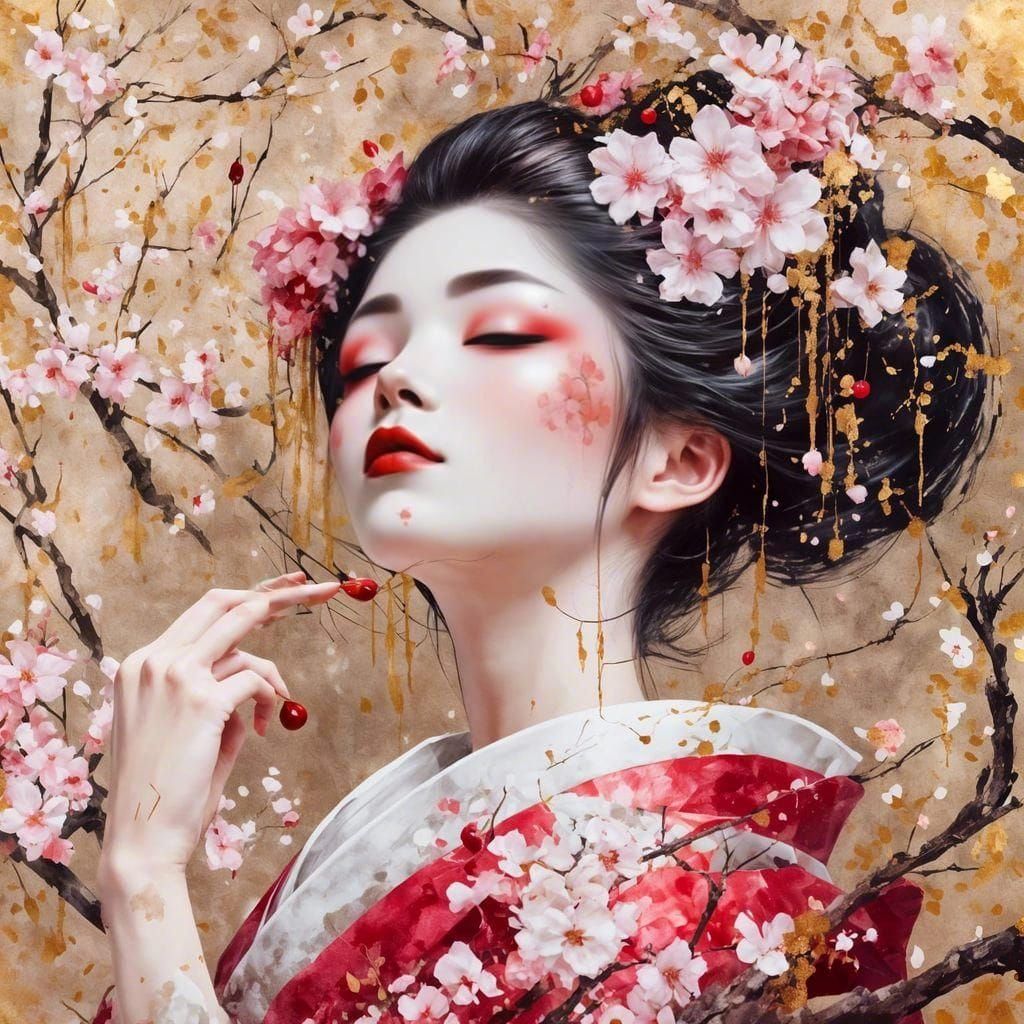 Geisha with Cherry Blossoms in Art Nouveau Style
