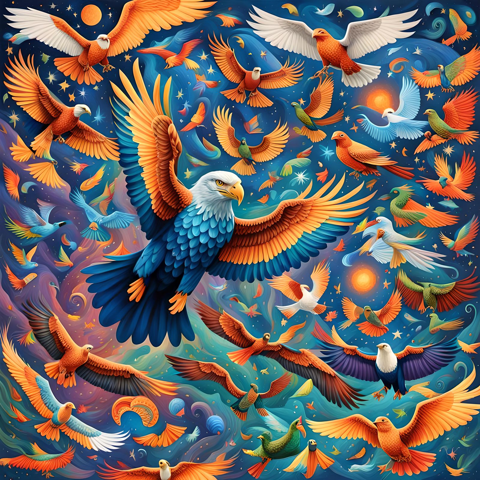 Flying Creatures and Objects in Colorful Sky