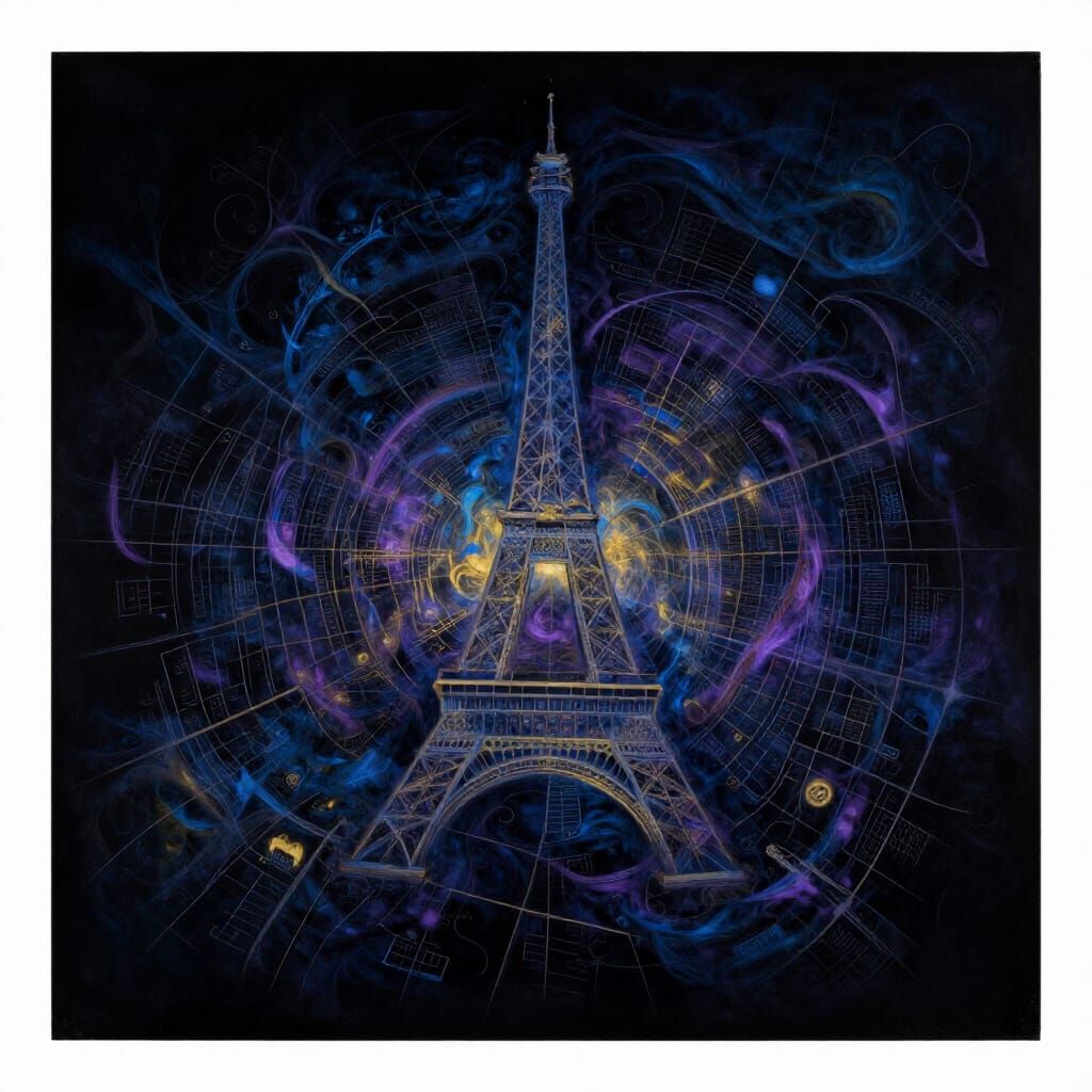 Abstract Paris Map in Deep Blue, Purple, and Gold