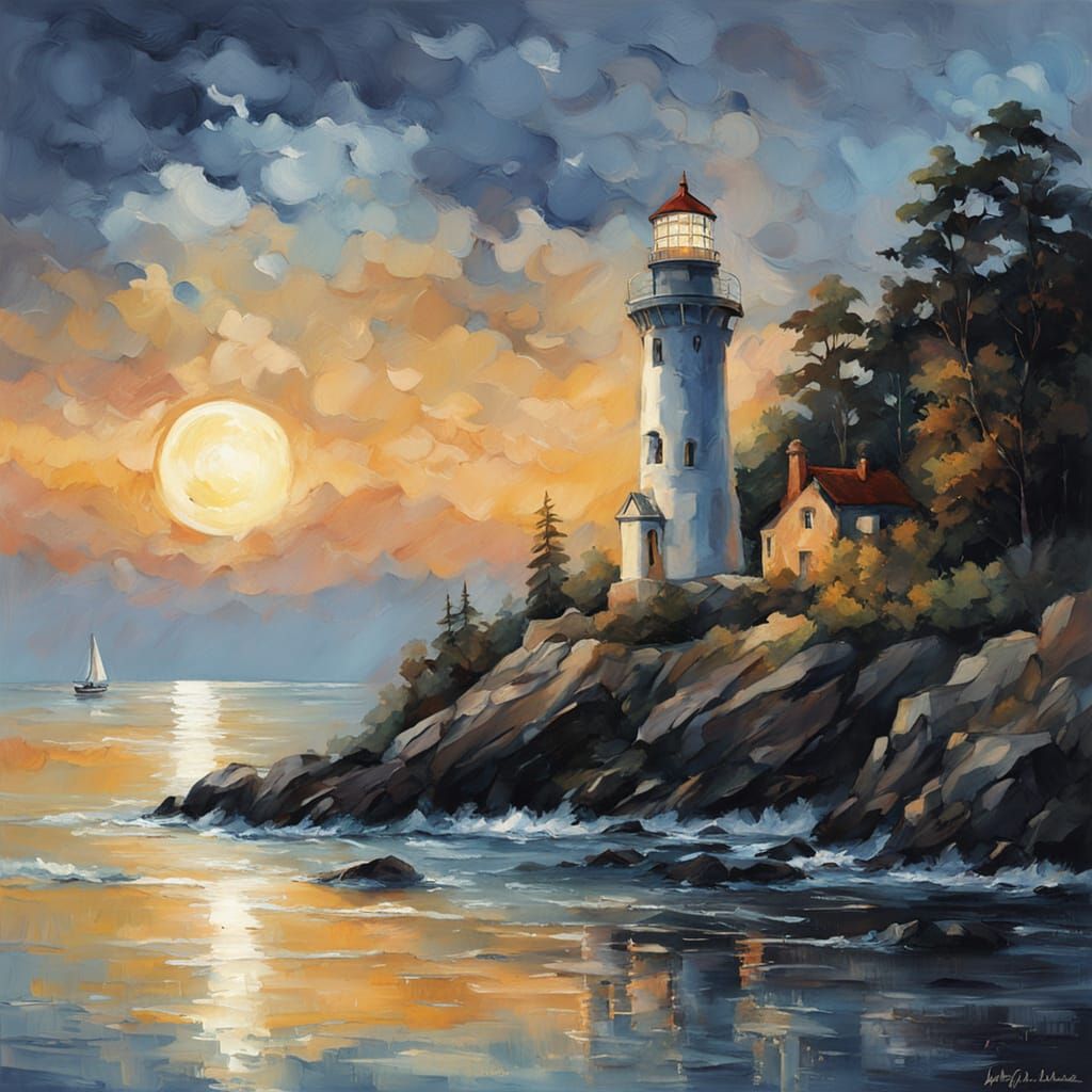 Moonlit Lighthouse Scene in Impressionistic Style
