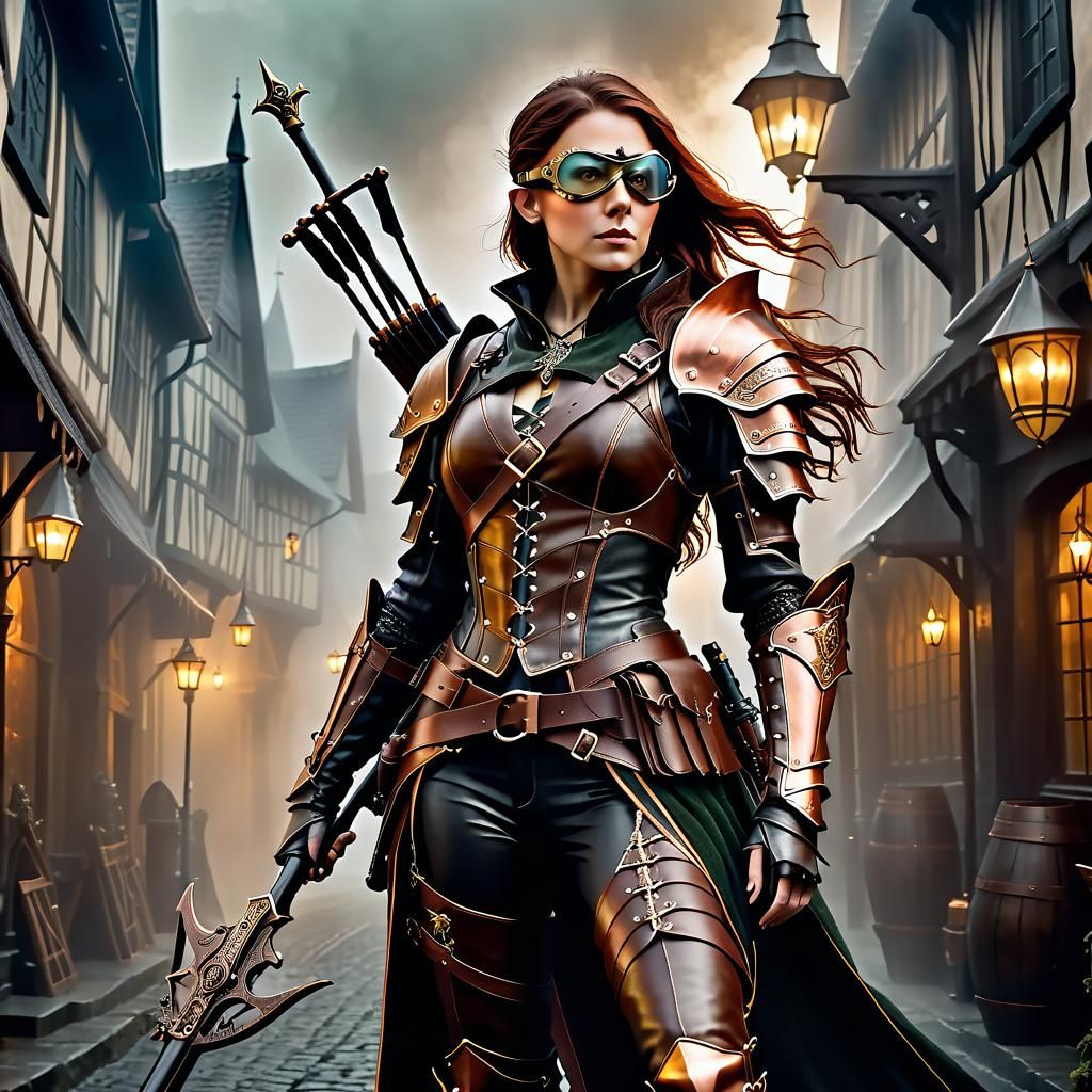 Steampunk Half-Elf Witch Hunter in Foggy Street