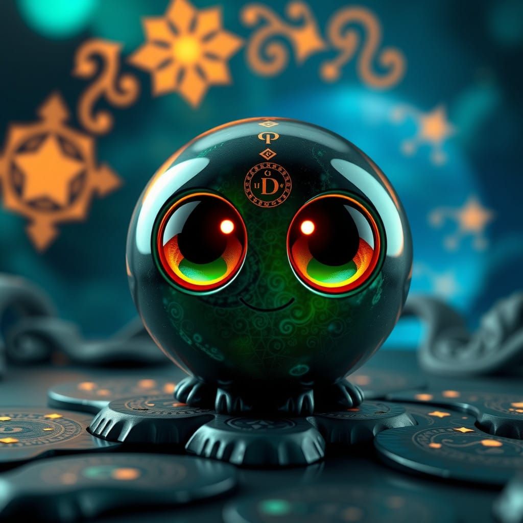 Whimsical Ball-Shaped Mascot in Jewel-Toned Fantasy Land