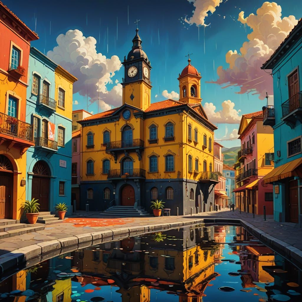 Vibrant Azores Building with Clock Tower in Bright Sea Setti...