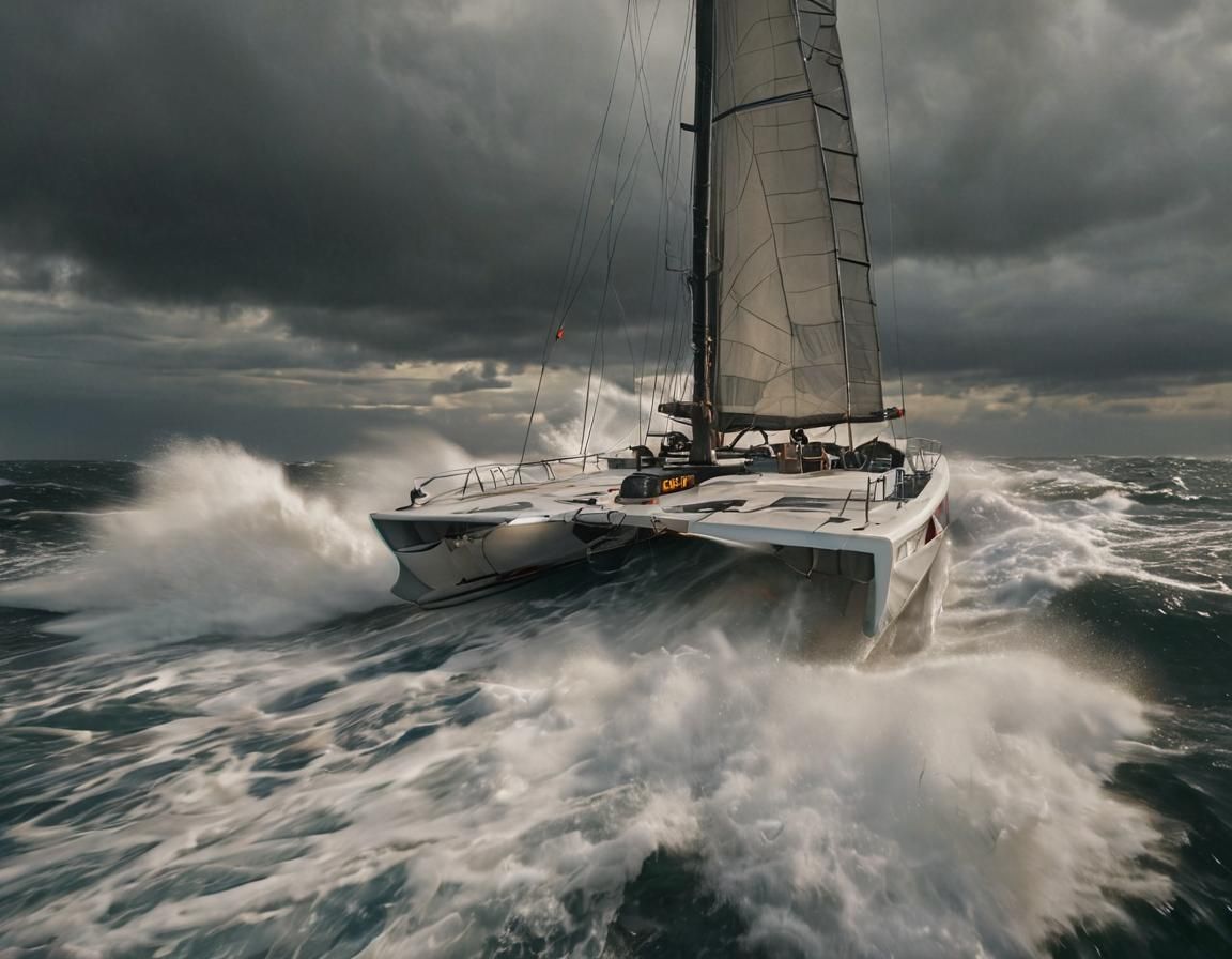 Hydrofoil Trimaran Speeding Through Stormy Seas