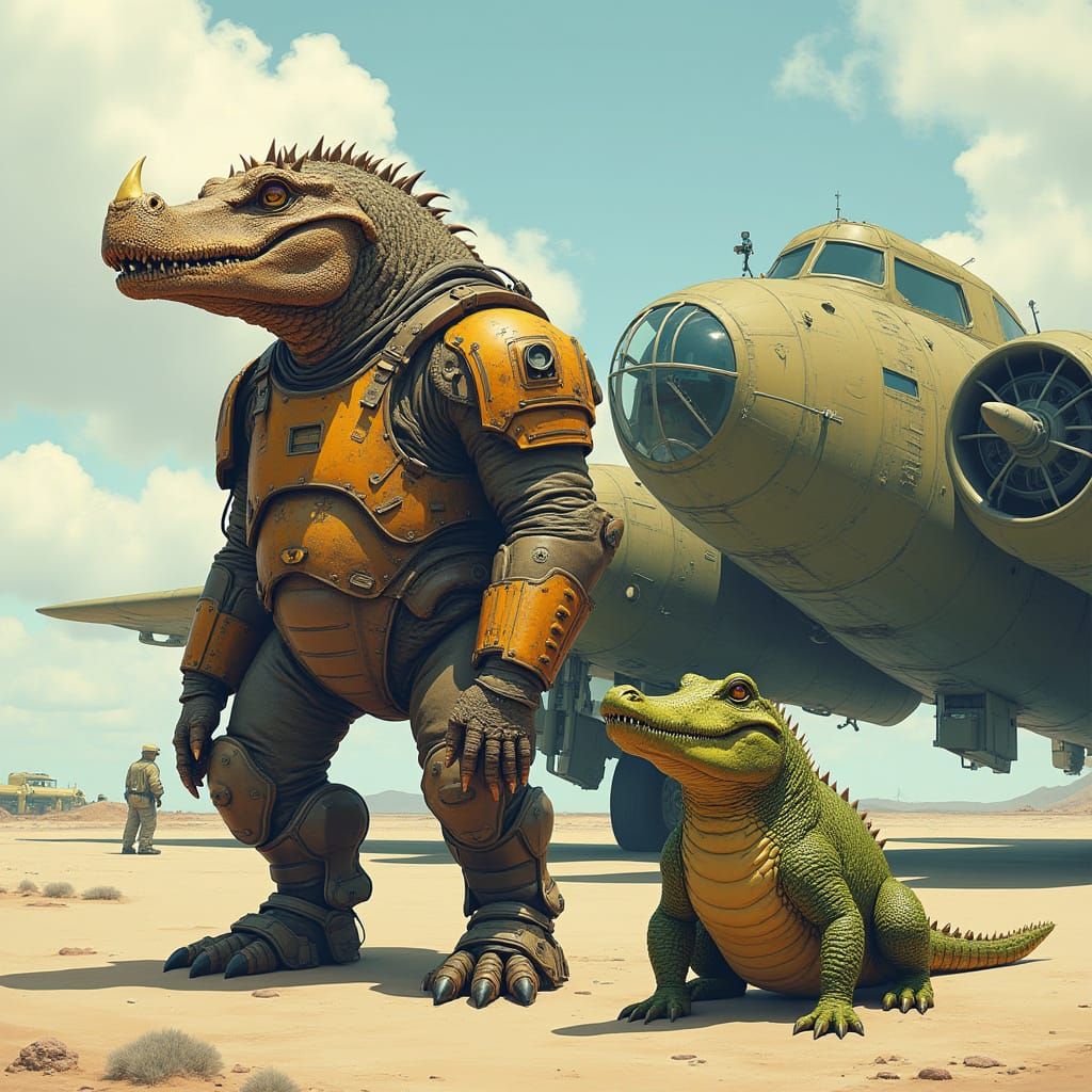 Armadillo Crocodile Meets Vintage Bomber in Cyberpunk Landsc...
