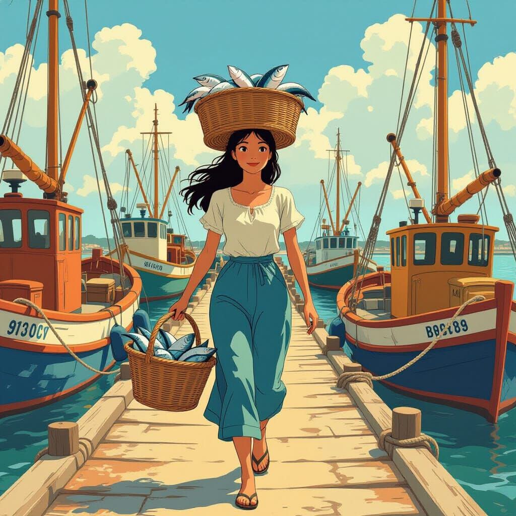 Girl with Fish Basket on Pier, in Expressive Style