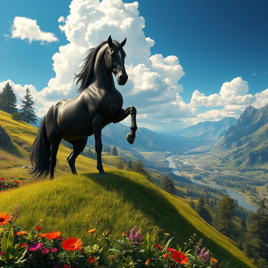 Majestic Black Stallion on Rolling Hill
