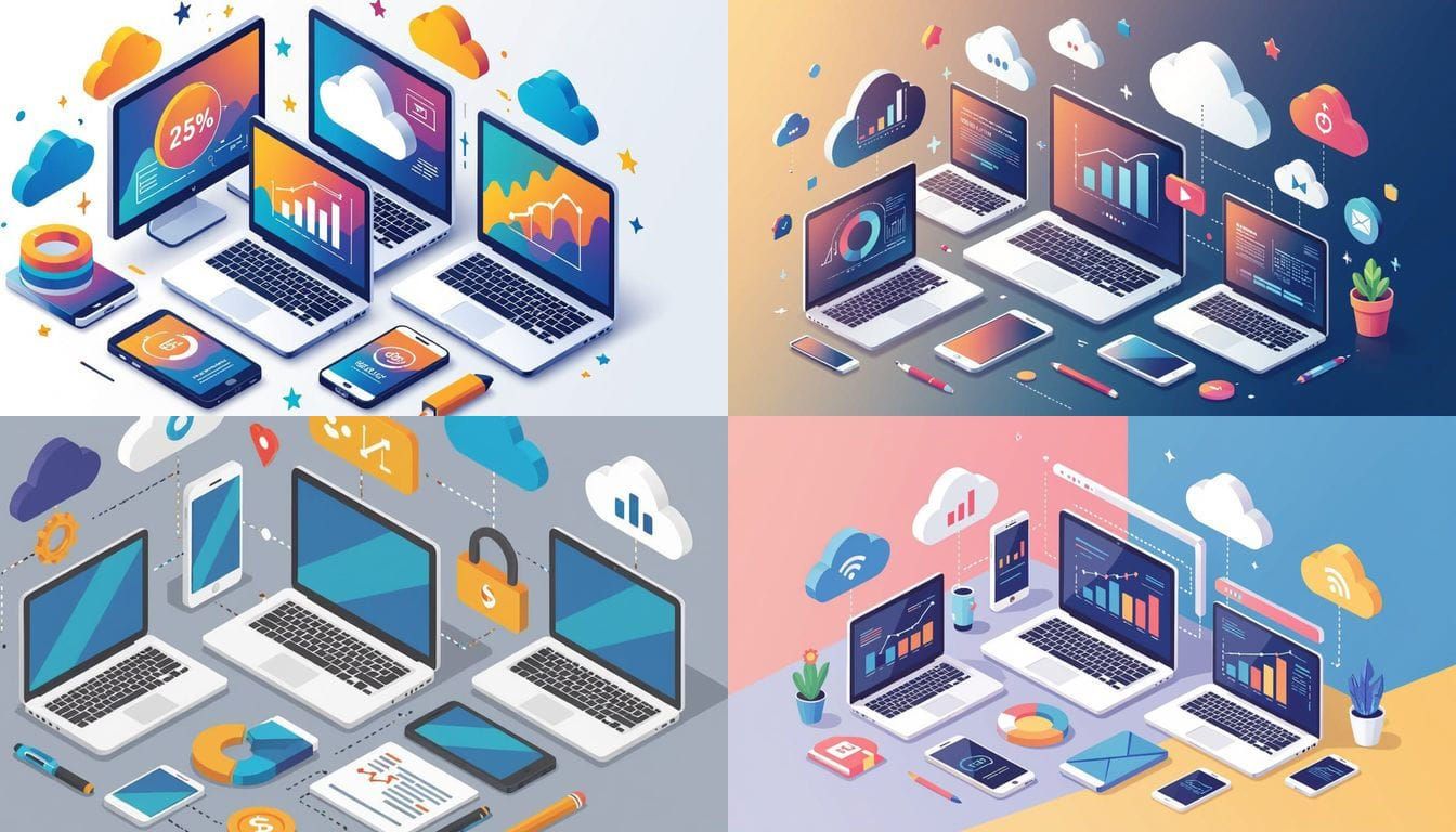 Isometric Digital Workspace with Tech Icons