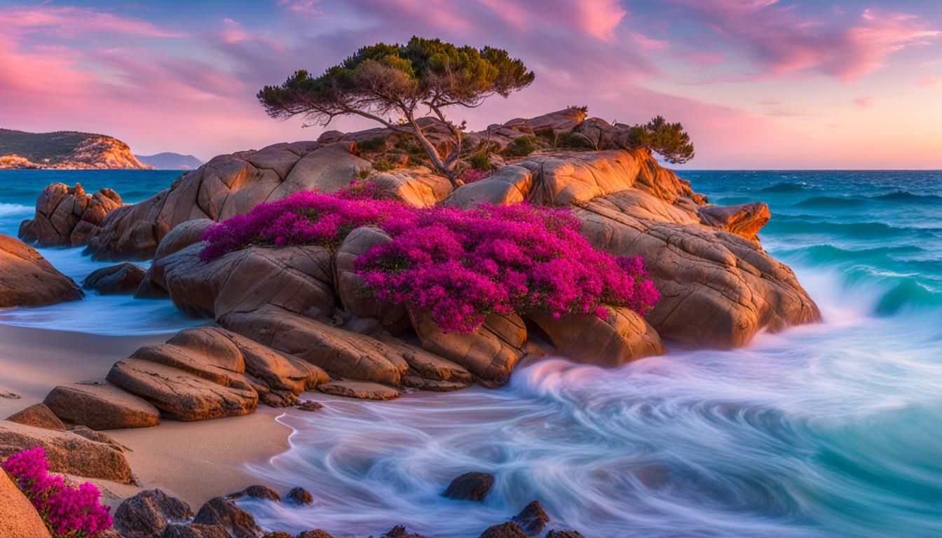 Sardinia Beach Sunrise with Flowers, Graffiti Art