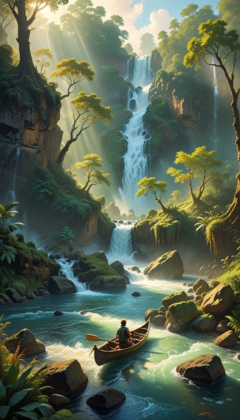 Dodo in Canoe: Vibrant Oil Painting of Wild River