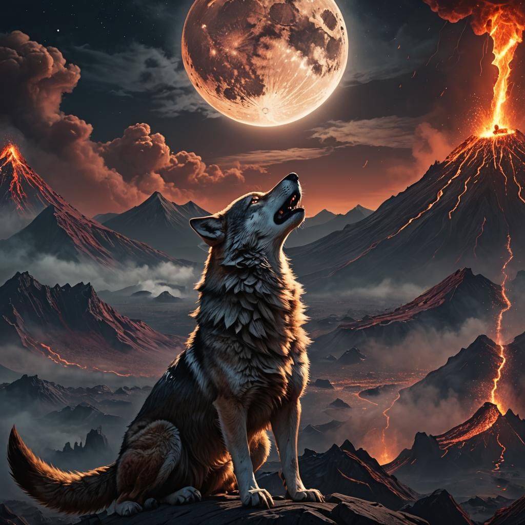 Wolf Howling at Moon Before Volcanic Eruption
