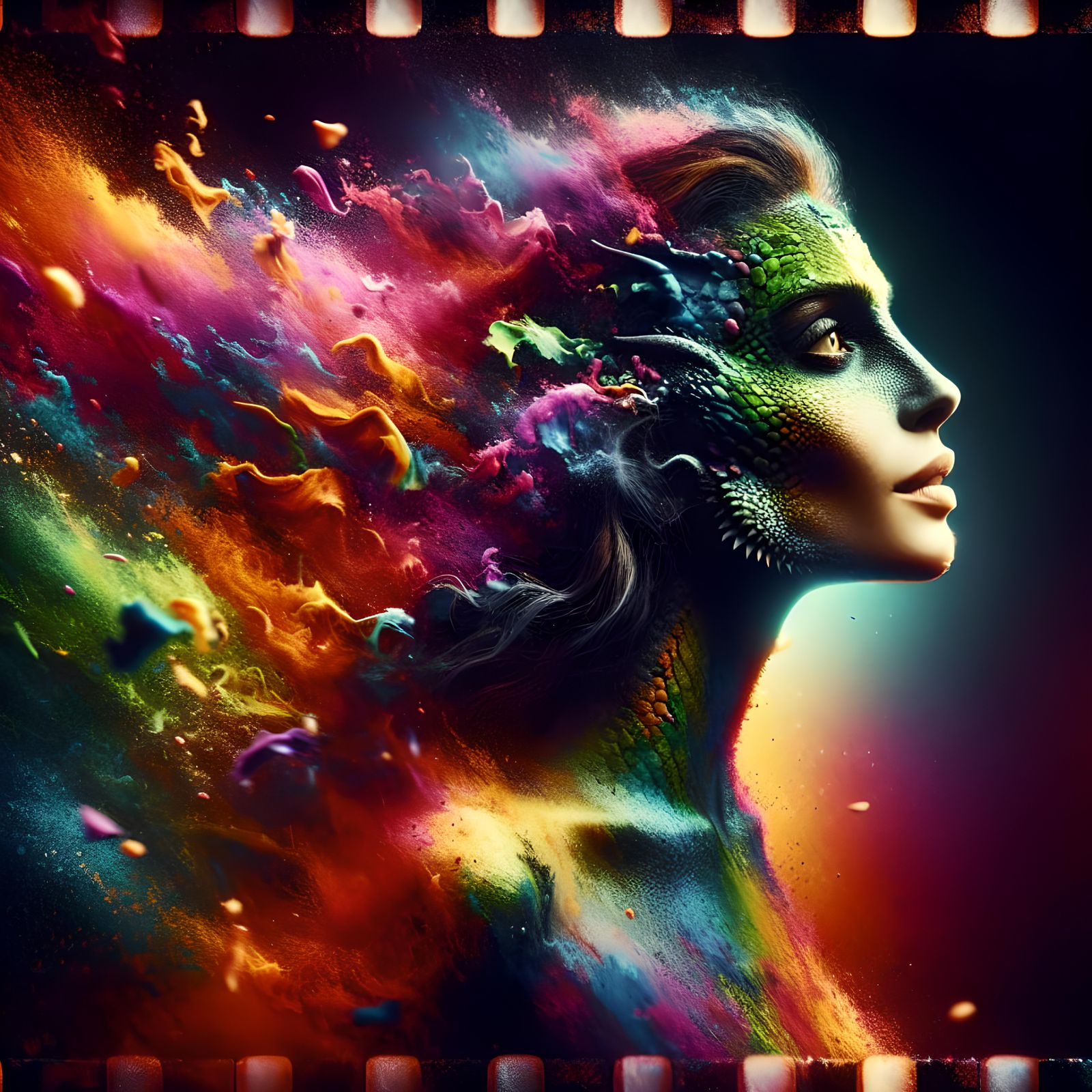 Hyperrealistic Color-Shifting Woman in Cinematic Still