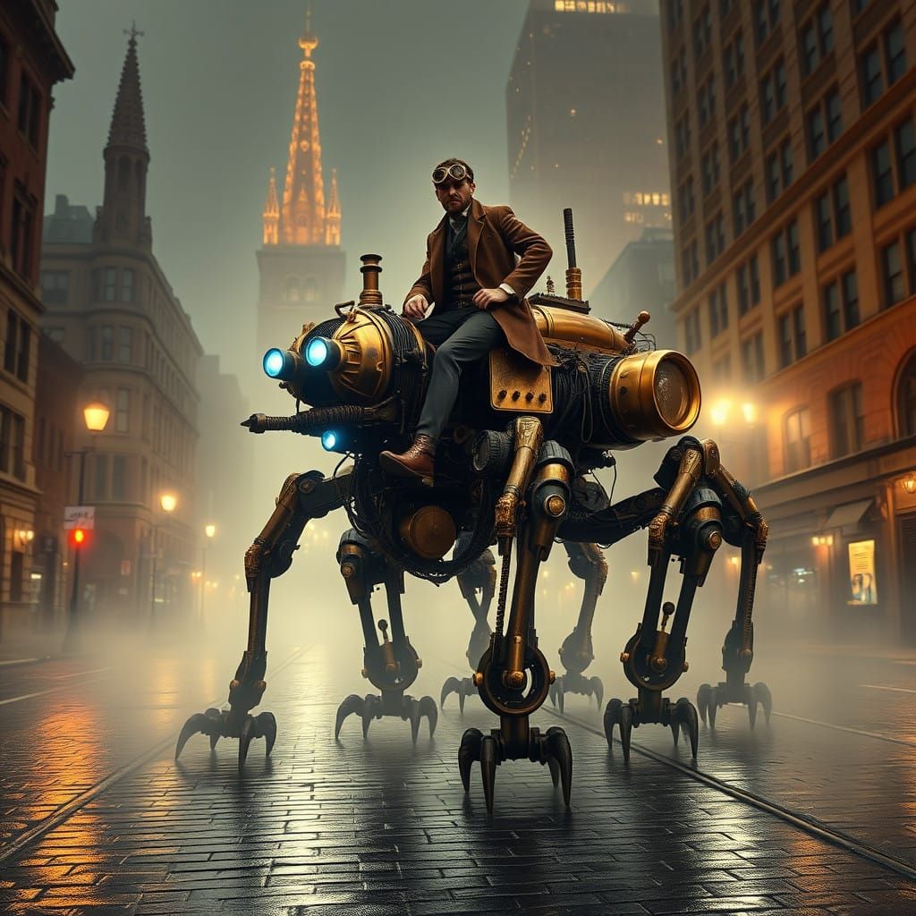 Man Rides Giant Mechanical Walker Through Steampunk City Str...